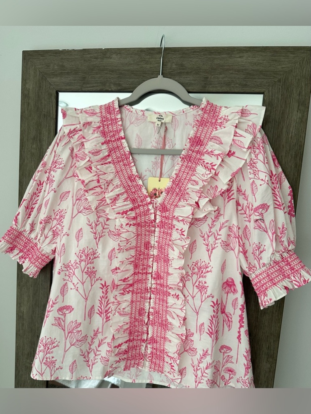 entro Pink Floral Smocked V-Neck Blouse
